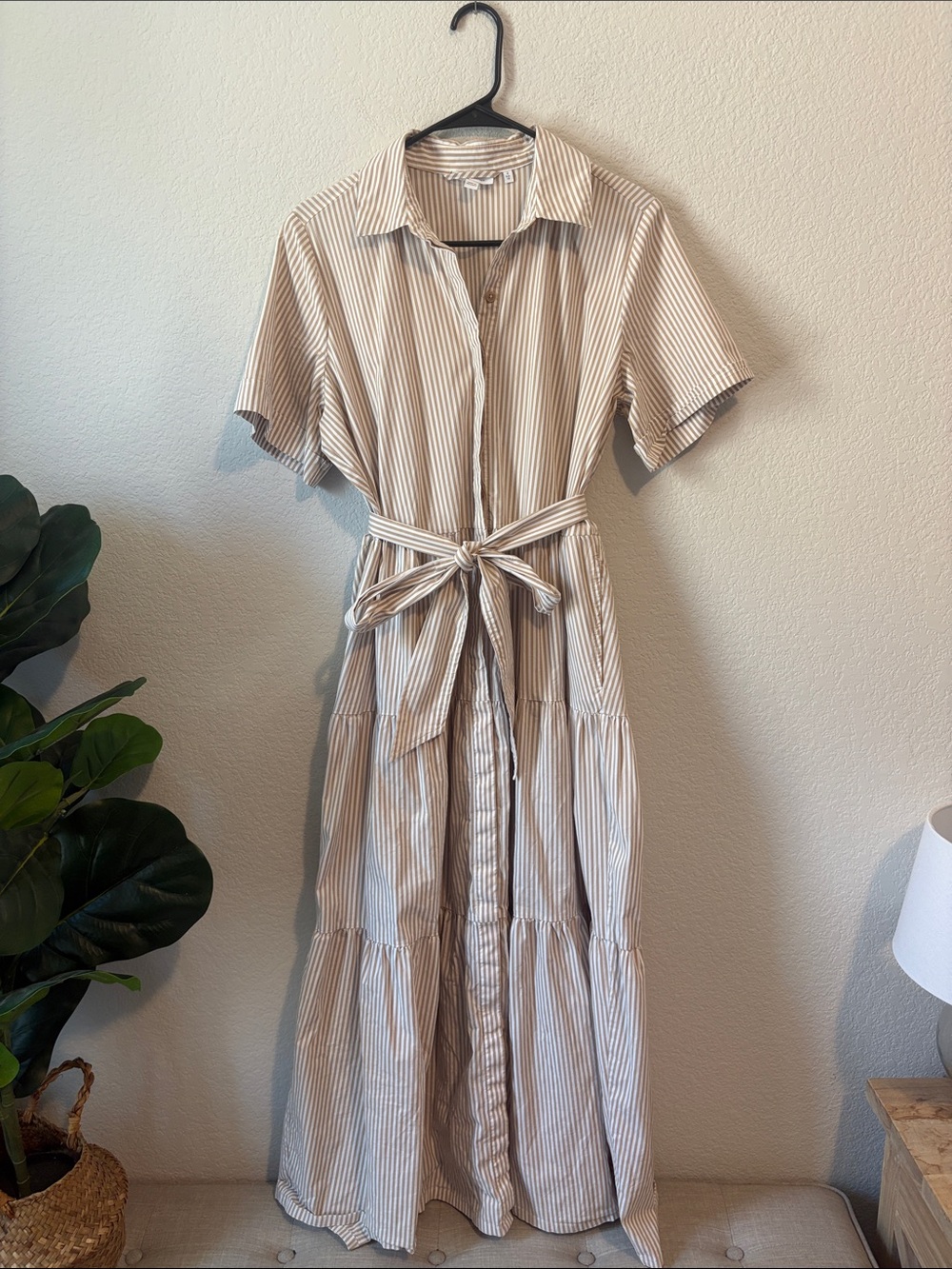 Chico's Cream and Tan Striped Button-Front collared tiered Maxi Dress